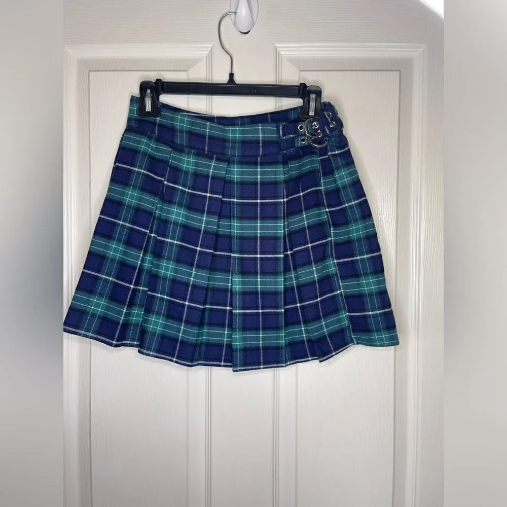 Forever 21 buckled pleated plaid skirt green and blue size M - Picture 3 of 8